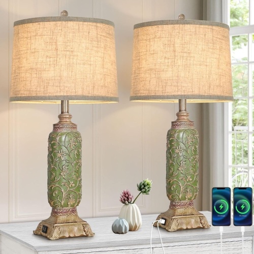 Set of 2 Table Lamps, 28in Tall Vintage Beside Lamps with 2 USB Ports, Resin Nightstand Lamps for Living Room Bedroom, Retro Carved Traditional Farmhouse Green Desk Lamps with Rotary Switch E26 Base - Lot 78