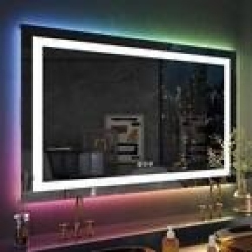 48 in. W x 32 in. H Rectangular Frameless RGB Backlit & LED Frontlit Anti-Fog Tempered Glass Wall Bathroom Vanity Mirror - Lot 97