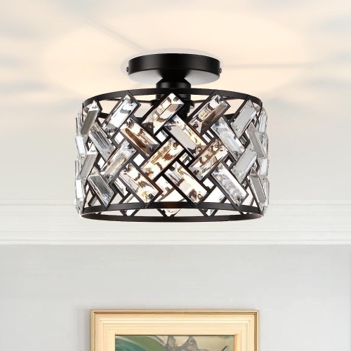 FRIDEKO HOME Light Fixtures Ceiling Mount - Black Hallway Light Fixtures Ceiling Crystal Semi Flush Mount Ceiling Light Bedroom Ceiling Lights for Kitchen Living Room Bathroom Porch 8.86in - Lot 98