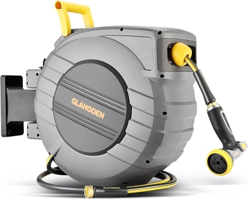 GLAHODEN Retractable Garden Hose Reel, 1/2in x 140ft+6ft Increase Flow Rate By 20% Water Hose Reel, Patented Design for Any Length Lock Slow Return System 2 Year Anti-fading Hose Reel Wall Mount - Lot 132