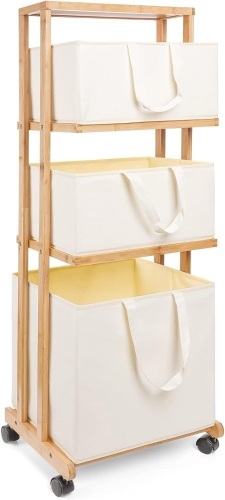 Homde Laundry Basket 3 Tier Bamboo Storage Shelf with Wheels Removable Storage Basket with Handle Freestanding Clothes Hamper Organizer for Bathroom Living Room Bedroom - Lot 138