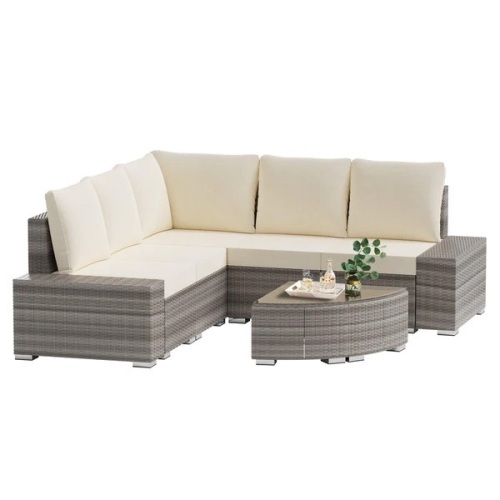 6 Pieces Outdoor Sectional Sets with Cotton Cushions and Glass Coffee TableDimensions: (L×W×H):Corner Sofa :31.9" x 31.9"x 27.9"Armless sofa :33.4" x 31.9"x 27.9"Single-arm sofa:24.4" x 31.9"x 27.9"Coffee Table : 27.5" x 27.5"x 14.2"Pillow: 17.7" x 17. - Lot 160
