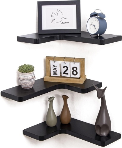 fuqing Corner Floating Shelves for Storage, Set of 3, Solid Wood, Wall Mount Wooden Display Shelf for Bathroom Bedroom Kitchen Garage, Black 11.4"D x 16"W x 1"H - Lot 185