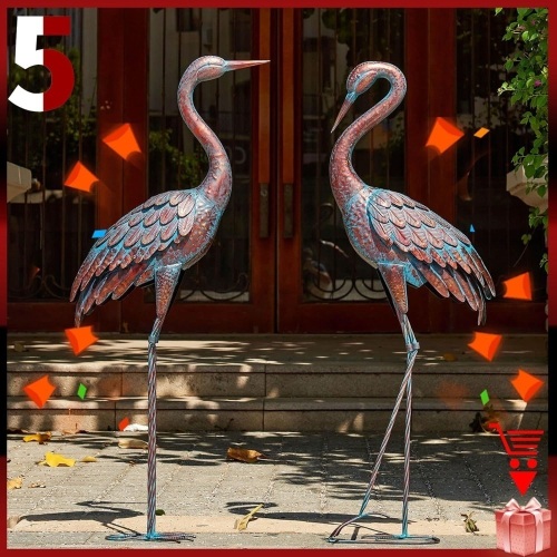 Kircust Garden Crane Statues Patina Heron Decoy, Standing Metal Crane Sculptures Bird Yard Art for Outdoor Decor, Set of 2 - Lot 203