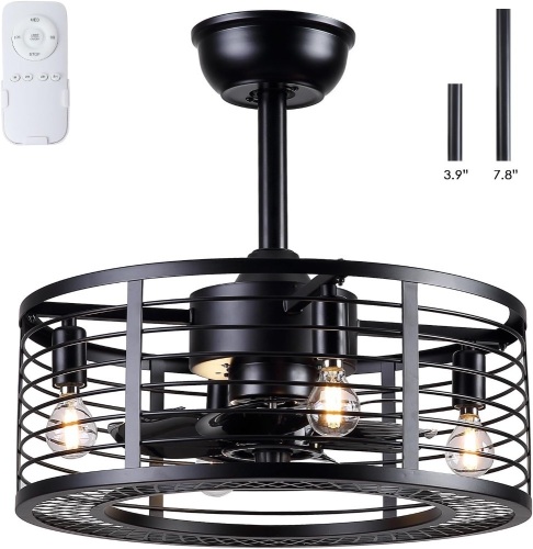 Dannilong Black Caged Ceiling Fans with Lights, Enclosed Indoor Modern Industrial Small Ceiling Fan with Remote for Bedroom, Dining Room, Kitchen - Lot 209