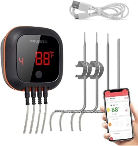 Inkbird IBT-4XS Bluetooth Wireless Grill BBQ Thermometer for Grilling with 4 Probes, Timer, Alarm,150 ft Barbecue Cooking Kitchen Food Meat Thermometer for Smoker, Oven, Drum - Lot 311A