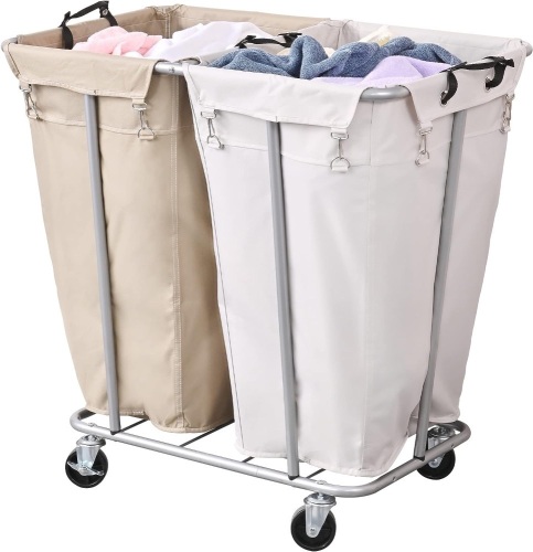 PLKOW Laundry Cart with Wheels 280L Large Laundry Sorter 2 Section for Commercial/Home, Rolling Laundry Cart with Steel Frame and Removable Bag, 8 Bushel, 32.3L x 19.7W x 31.5H Inch - Lot 237