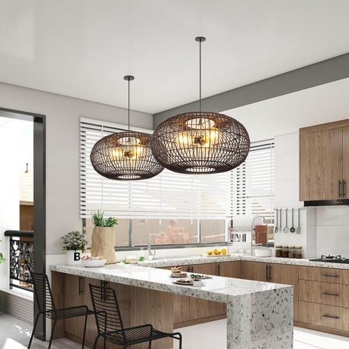 Arturesthome 3-Lights Rattan Pendant Lights, Wicker Chandelier Boho Basket Lighting Fixture, Large Natural Woven Hanging Light for Kitchen Island Sink Dining Room Entryway Black 50cm X 26cm - Lot 239