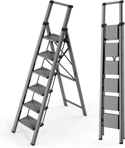 WOA WOA 6 Step Ladder, Lightweight Foldable Ladder with Non-Slip Wide Pedals, Stepladder with Safe Handrail, Space Saving for Home, Kitchen, Indoor & Outdoor Use - Black 18.7"W x 71.2"H - Lot 241