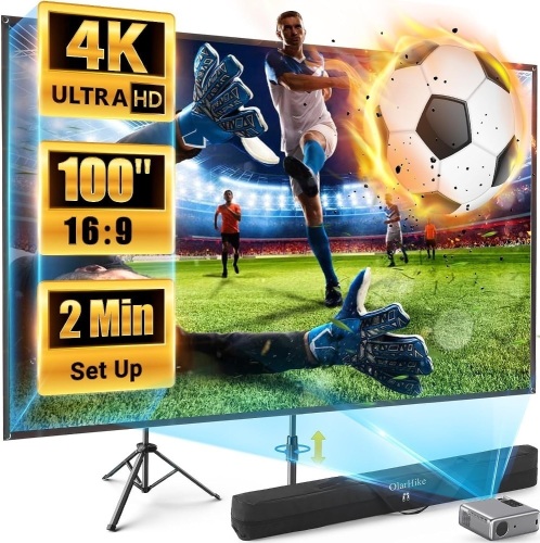 OlarHike Portable Projector Screen with Stand, 100-inch Outdoor Indoor 16:9 4K HD PVC Projection Screen, 1.2 Gain Movie Screen with Carry Bag Wrinkle-Free Design for Home Theater Backyard Movie Night - Lot 250