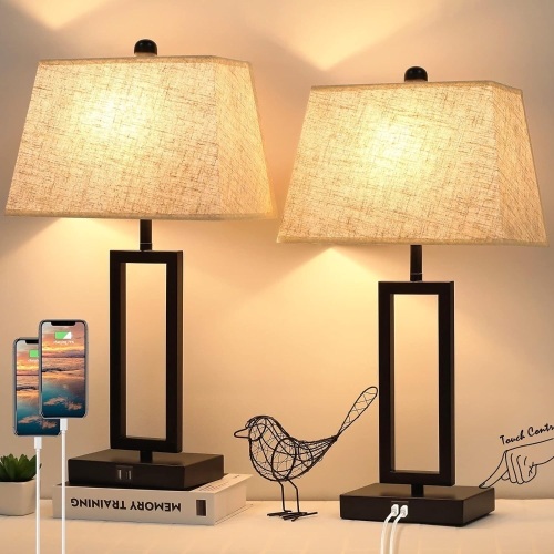 Set of 2 Touch Control Table Lamps with 2 USB Ports, 3-Way Dimmable Bedside Nightstand Lamps for Bedrooms Living Room Reading, Modern Table Lamp Sets 6.7"D x 6.7"W x 20.3"H - Lot 252