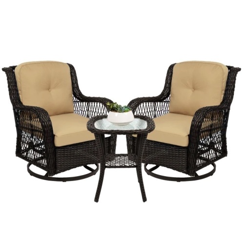 3-Piece Patio Wicker Bistro Furniture Set w/ 2 Swivel Rocking Chairs, Table  33"(L) x 32"(W) x 36.5"(H) - Lot 467