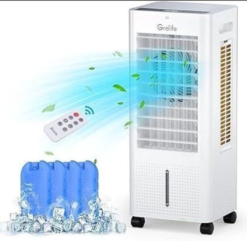 Grelife Evaporative Air Cooler, 3-IN-1 Portable Air Cooler with Fan &Humidifier, Oscillation Swamp Cooler with 3 Wind Speeds, 3 Modes, 4 Ice Packs, 12H Timer, Remote, for Bedroom Office Home Garage - Lot 766