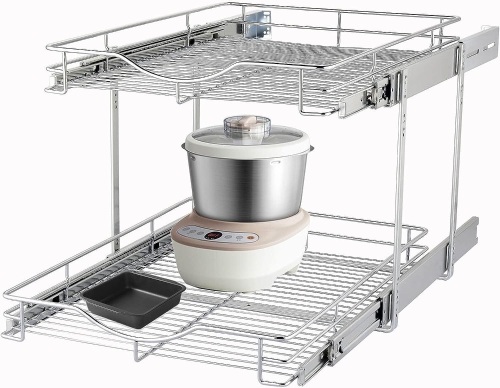 DINDON 2 Tier Pull Out Cabinet Organizer (11" W x 18" D) Heavy-Duty Metal Sliding Drawer Shelf, Two Tier Pull Out Shelves for Kitchen Cabinets - Lot 776