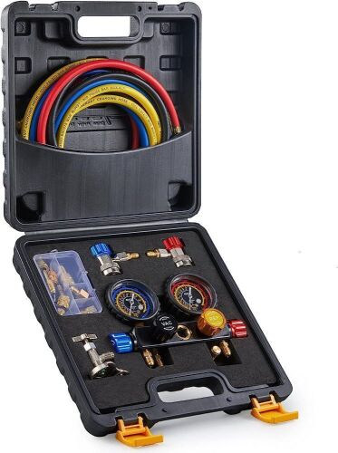 4 Way AC Gauge Set, AC Manifold Gauge Set for R410a R22 R134a Refrigerant, 4 Valve Automotive AC Gauges with 5ft Hoses, R410a Adapters, Can Tap - Lot 5501