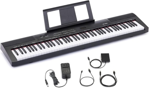Amazon Basics Digital Piano 88 Key Semi-Weighted Keyboard with Sustain Pedal, Power Supply, 2 Speakers, and Lesson Mode, Black - Lot 5856