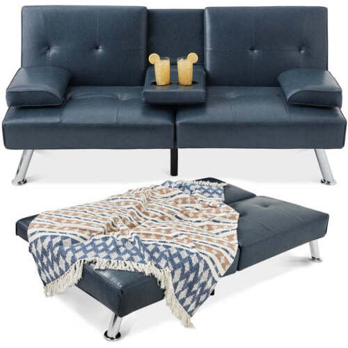 Faux Leather Upholstered Convertible Sofa Bed Futon w/ 2 Cupholders - Lot 5936