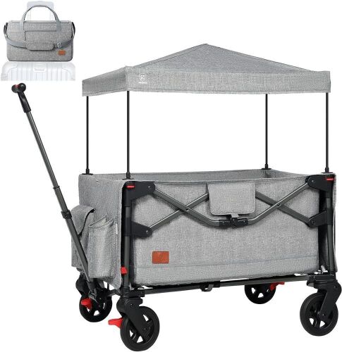 EVER ADVANCED Foldable into Bag Travel Wagon Stroller for 2 Kids & Cargo, with Removable Canopy, Adjustable 5-Point Harness - Lot 671