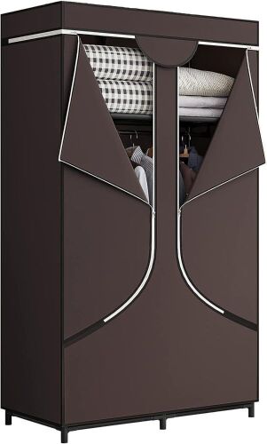 SORCEDAS Portable Wardrobe Closet Storage Organizer Metal Hanging Rack Non-Woven Fabric 34 Inch Coffee  - Lot 679