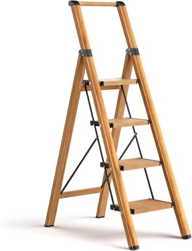 Aluminum Folding Step Stool with Wide Pedal, 4 Step, 330lb Capacity, Wood Grain  - Lot 687