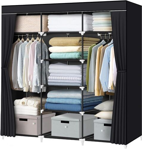 LOKEME 55.5 Inch Wardrobe Closet with 2 Hanging Rods, 9 Shelves - Lot 692