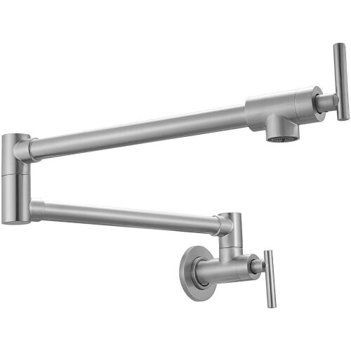 VEVOR Commercial Wall Mount Kitchen Stove Faucet with Brushed Nickel Finish, Double Joint Swing Arm & 2 Handles - Lot 749