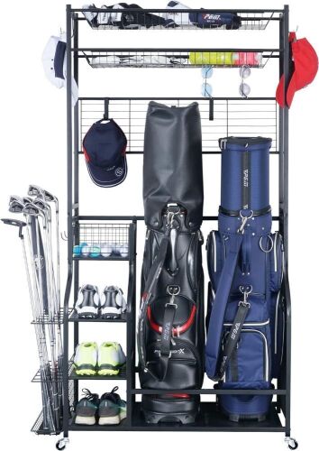 Mythinglogic 2 Golf Bags Storage Stand and Golfing Equipment Accessories Storage Rack with 4 Removable Hooks - Lot 221