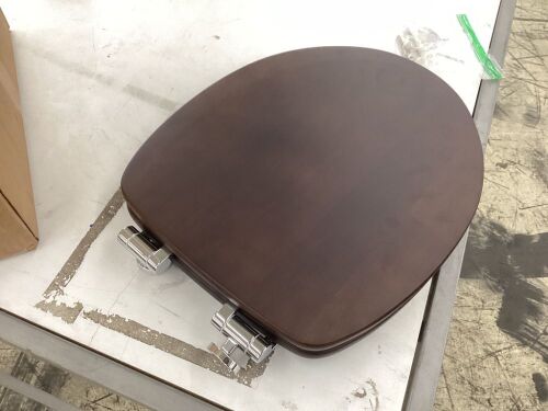 Designer Slow-Close Wood Elongated Closed Front Toilet Seat with Cover and Chrome Hinge in Natural Black Walnut  - Lot 548