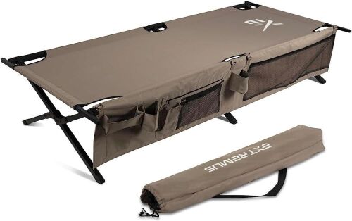 Extremus Folding Camping Cot, 300 lbs Capacity, Steel Frame, Strong 300D Polyester Surface, 75” Long x 35” Wide x 17” Tall  - Lot 466