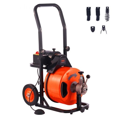 VEVOR Sewer Auger Auto Feed with 4 Cutter & Air-activated Foot Switch for 1" to 4" Pipes, 100 FT x 1/2 Inch - Light Damage - Lot 95