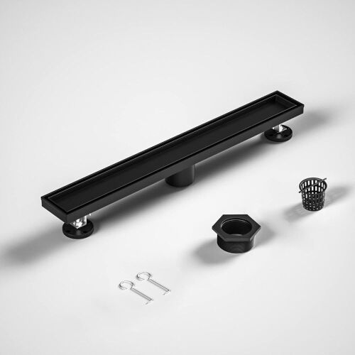 Bernkot 24 Inch Linear Shower Drain, 2-in-1 Floor Drain with Tiled Insert Grate & Hair Strainer, Matte Black  - Lot 516