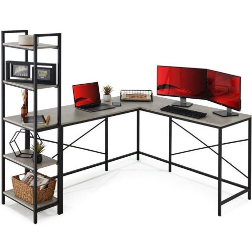 L-Shaped Computer Desk, Study Workstation w/ 5-Tier Open Storage Bookshelf - Damaged Feet - Lot 206