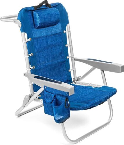 Homevative Folding Backpack Beach Chair with 5 Positions, Towel bar, Cooler Pouch, Storage Pouch, Cup Holder and Phone Holder  - Lot 339