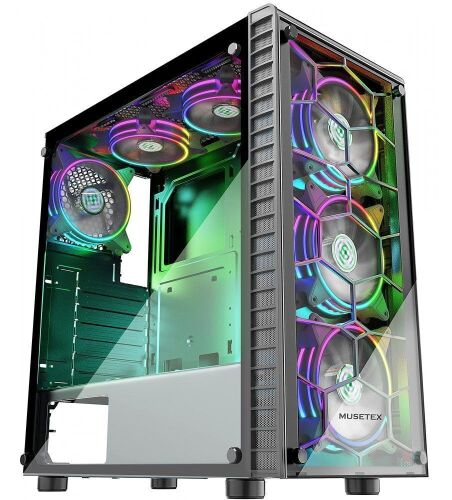 MUSETEX ATX PC Case Mid-Tower With 6pcs 120mm ARGB Fans, Temperged Glass Side & Front Panels - Lot 11