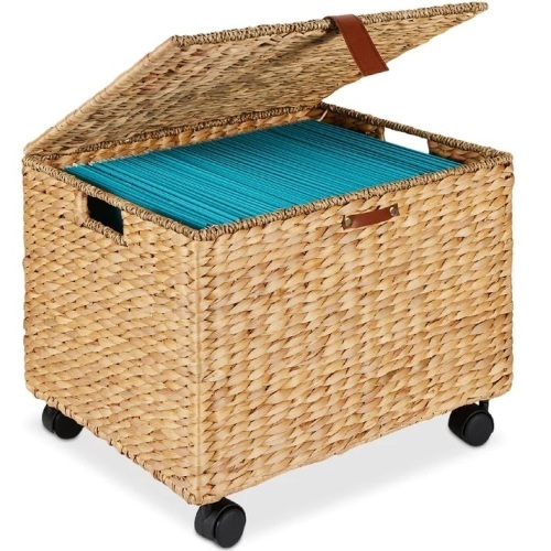 Mobile Water Hyacinth Rolling Filing Cabinet Storage Basket w/ Lid, Wheels  18"(L) x 15"(W) x 14"(H) - Lot 491A