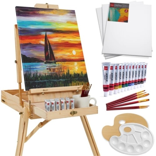 Portable Wooden French Easel w/ 32pc Beginners Kit 34"(L) x 30.25"(W) x 48-69"(H) - Lot 495A