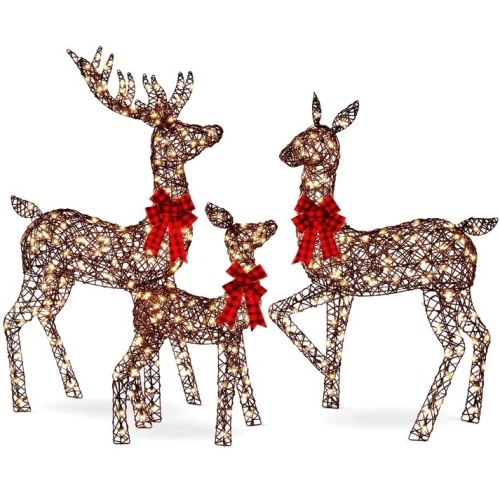 3-Piece Lighted Rattan Deer Family Outdoor Decor Set w/ 360 Lights  Buck Dimensions: 34"(L) x 11.5"(W) x 60"(H) Doe Dimensions: 31"(L) x 14"(W) x 53"(H) Fawn Dimensions: 24"(L) x 9"(W) x 36"(H) - Lot 499A