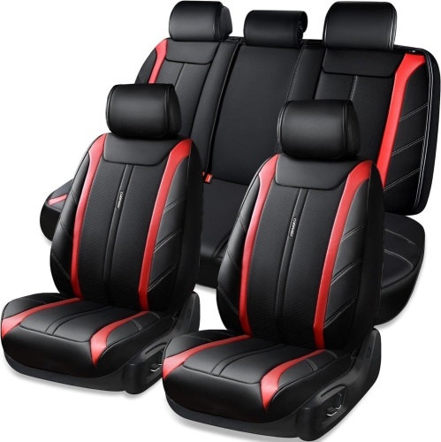 CAR PASS Luxury Leather Seat Covers Full Set All Coverage Cushioned. Waterproof & Anti-Slip & Durable Leatherette Car Seat Covers, Universal Fit for Most Trucks,SUV,Sedans,Van, Sporty (Black and Red) - Lot 153