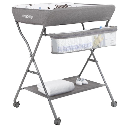 Baby Changing Table with Wheels, Maydolly Portable Adjustable Height Folding Diaper Station with Nursery Organizer & Storage Rack for Newborn Baby and Infant (Light Grey) - Lot 156