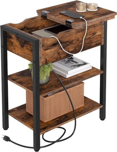 HOOBRO End Table with Charging Station, Narrow Side Table, Flip Top Nightstand with USB Ports and Outlets, Bedside Tables with Shelf for Small Spaces, Living Room, Rustic Brown BF341BZ01 18.9"D x 10.2"W x 25.2"H - Lot 160