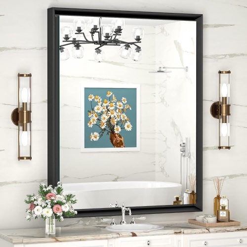Vosuja 24x36 Inch Black Bathroom Mirrors for Wall, Metal Framed Wall Mirrors with Non-Rusting Aluminum Alloy Metal Frame,Tempered Glass, Rectangle Wall Mounted Mirror (Horizontal/Vertical) - Lot 163
