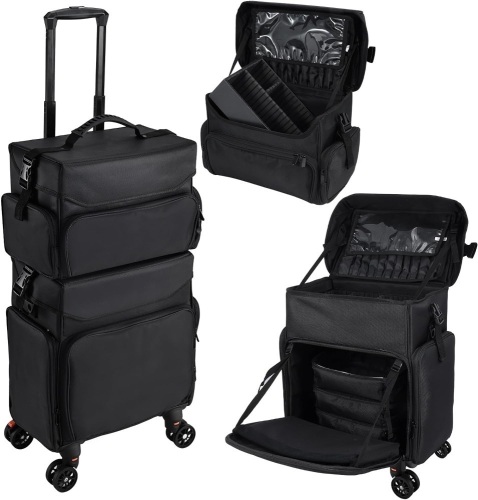 Stagiant Professional Rolling Makeup Case, Soft Sided Make up Train Case, Travel Organizer Portable with Wheel for Makeup Artist Cosmetology Nail Technician Hair Stylist Supplies, 2 In 1 Nylon Black - Lot 165