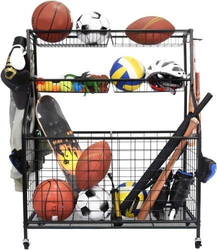 Kinghouse Garage Sports Equipment Organizer, Ball Storage Rack, Ball Storage Garage, Garage Organizer, Rolling Sports Ball Storage Cart, Black, Steel 16.5"D x 36.1"W x 45.6"H - Lot 161