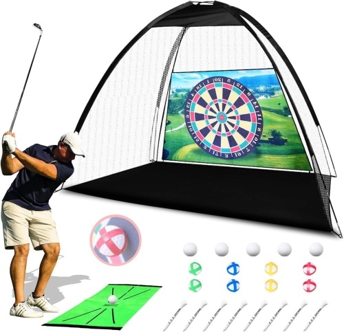 10x7ft Practice Golf Net Set - Featuring Durable Hitting Net, Felt Batting Nets, 5 Solid Golf Balls, 8 Felt Balls, 8 Ball Tee, and Hitting Mat - Perfect for Home Golf Swing Training, Backyard Driving. - Lot 178
