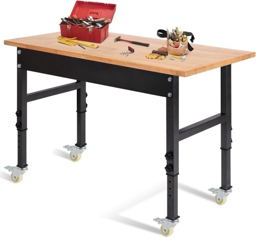 48" Adjustable Work Bench, Rubber Wood Top Heavy-Duty Workbench with Wheels, 2000 LBS Load Capacity Hardwood Worktable, for Garage, Workshop, Home, Office, Easy Assembly - Lot 361A