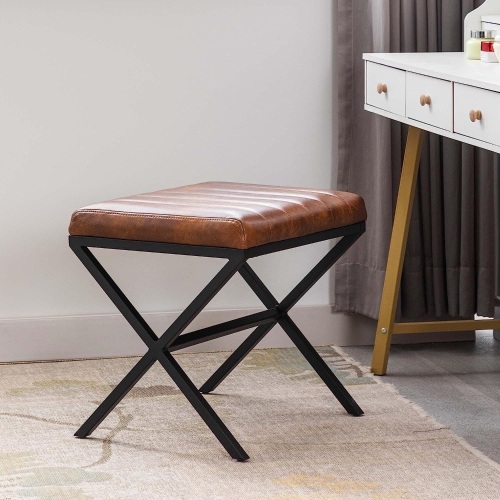 Duhome Vanity Stool Makeup Vanity Chair Faux Leather with X Metal Base Foot Stool Padded Vanity Bench Small for Bedroom Bathroom, Brown - Lot 393A