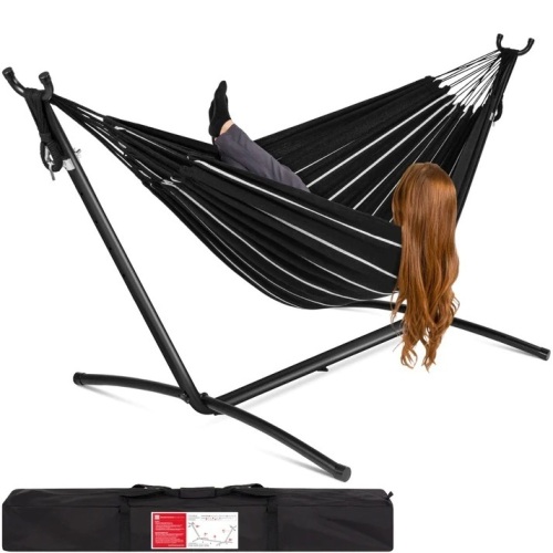 2-Person Brazilian-Style Double Hammock w/ Carrying Bag and Steel Stand  118.75"(L) x 48"(W) x 43"(H) - Lot 412A