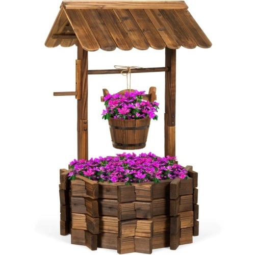 Rustic Wooden Wishing Well Planter Yard Decoration w/ Hanging Bucket 21.5"(L) x 21.5"(W) x 45.5"(H) - Lot 419A