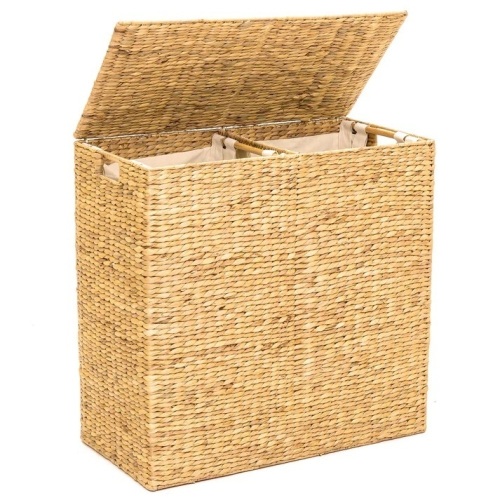 Extra Large Water Hyacinth Double Laundry Hamper Basket w/ 2 Liner Bags  27.75"(L) x 13.5"(W) x 27"(H) - Lot 422A