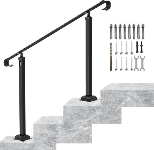 VEVOR Handrails for Outdoor Steps, Fit 1 or 3 Steps Outdoor Stair Railing, Wrought Iron Handrail, Adjustable Front Porch Hand Rail, Black Transitional Hand railings for Concrete Steps or Wooden Stairs 37.8"L x 27"W - Lot 54